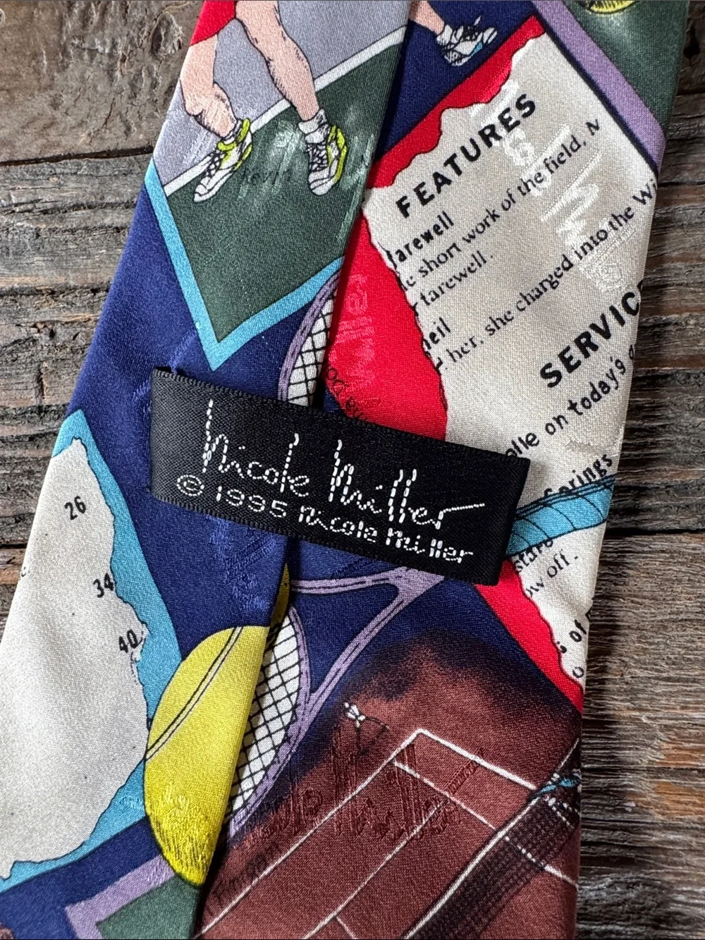 Nicole Miller vintage 1995 silk tennis magazine tie unisex